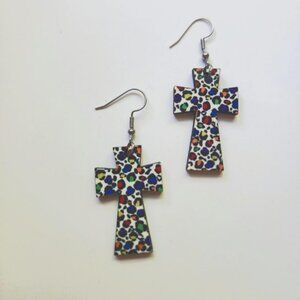 Animal print Rainbow Print Wood Cross Dangle Drop Earrings